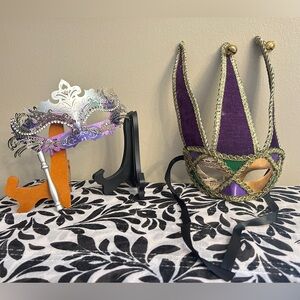 JESTER MASQUERADE MASK and laser cut hand held masquerade mask.